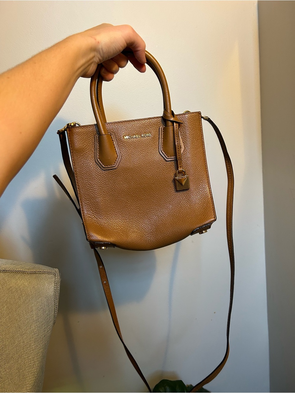 Michael Kors Chestnut Brown Pebbled Leather Satchel with Crossbody Strap